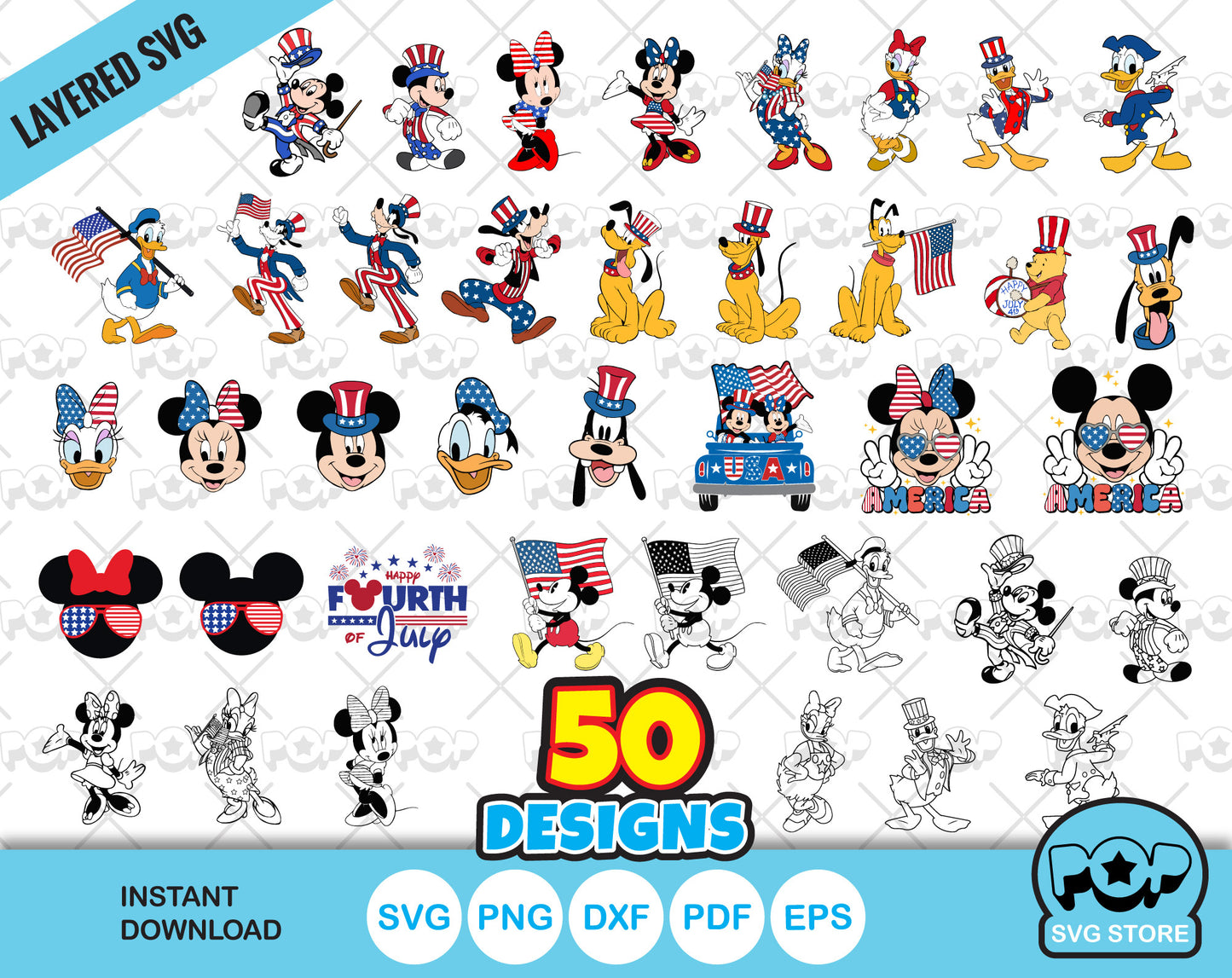 Mickey and Friends 4th of July 50 cliparts bundle, Disney Fourth Of July svg for Cricut / Silhouette, Independence Day png