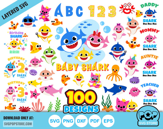Baby Shark 100 cliparts bundle + alphabet, Baby Shark svg cut files for Cricut / Silhouette, Cartoon Family Shark png