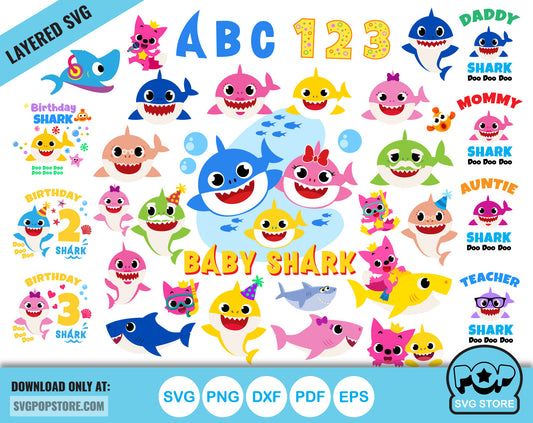 Baby Shark clipart bundle + alphabet, Baby Shark svg cut files for Cricut / Silhouette, Cartoon Family Shark png