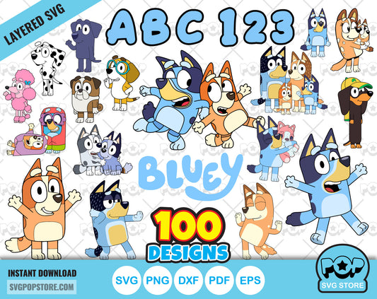 Bluey 100 cliparts set + alphabet, Bluey the dog SVG cut files for Cricut / Silhouette, Bluey PNG