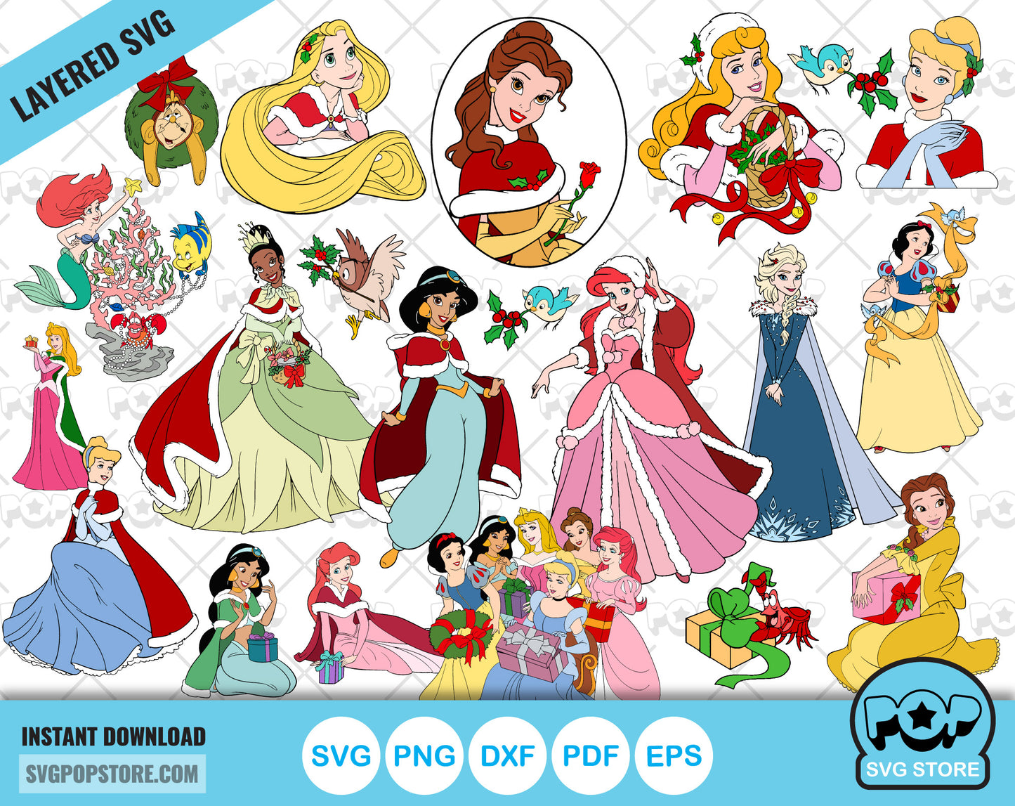 Disney Princess Christmas Clipart bundle, Princesses Christmas SVG cut files for Cricut / Silhouette, Christmas PNG