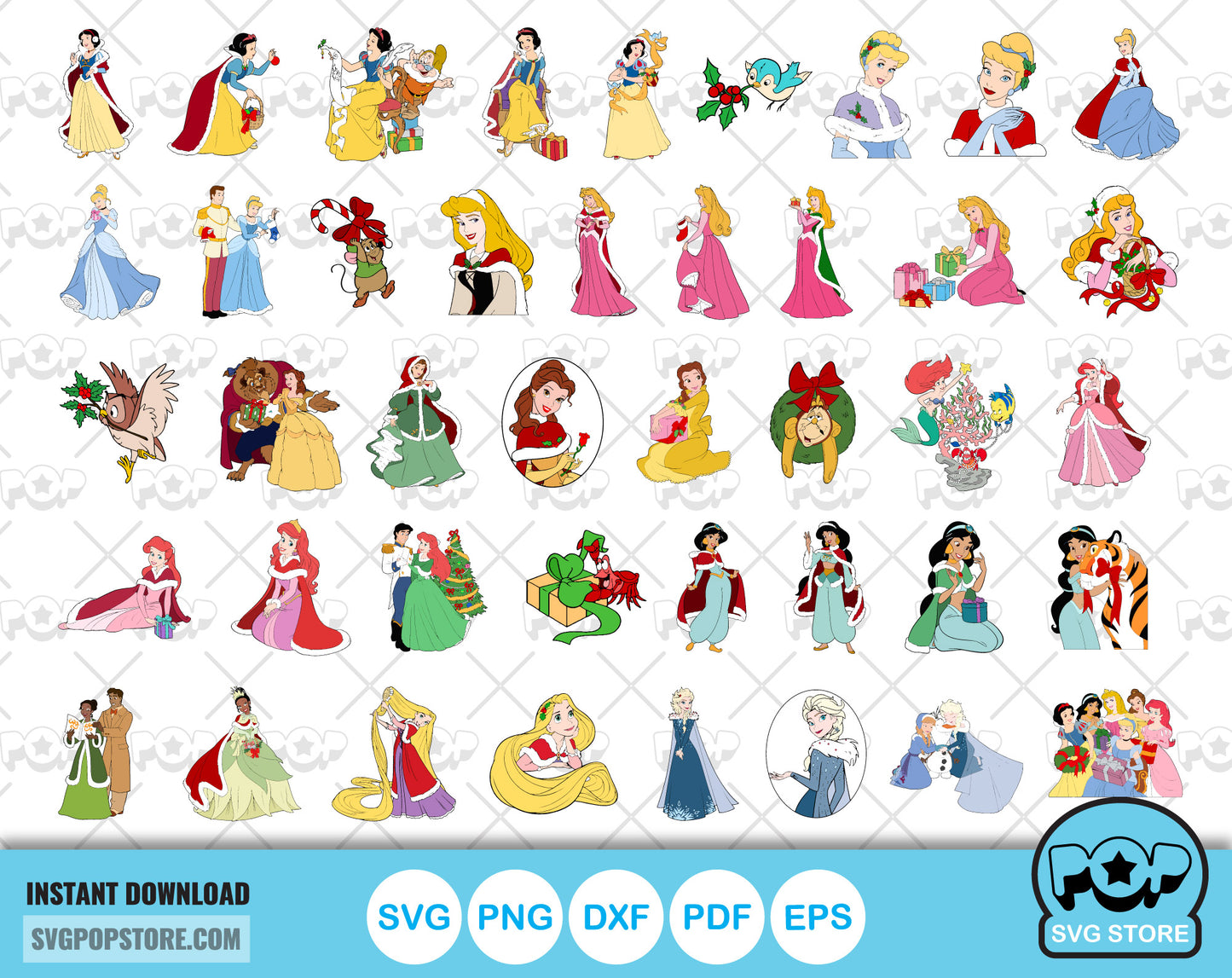 Disney Princess Christmas Clipart bundle, Princesses Christmas SVG cut files for Cricut / Silhouette, Christmas PNG