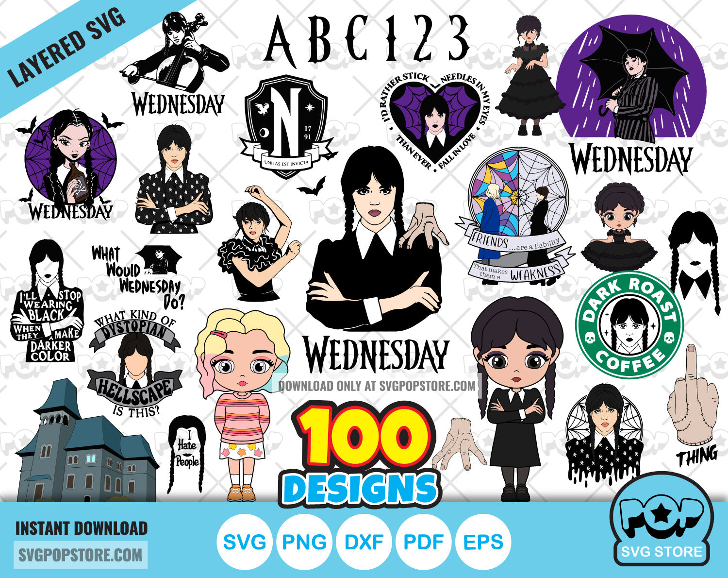Wednesday Addams 100 cliparts bundle + alphabet, Wednesday svg cut