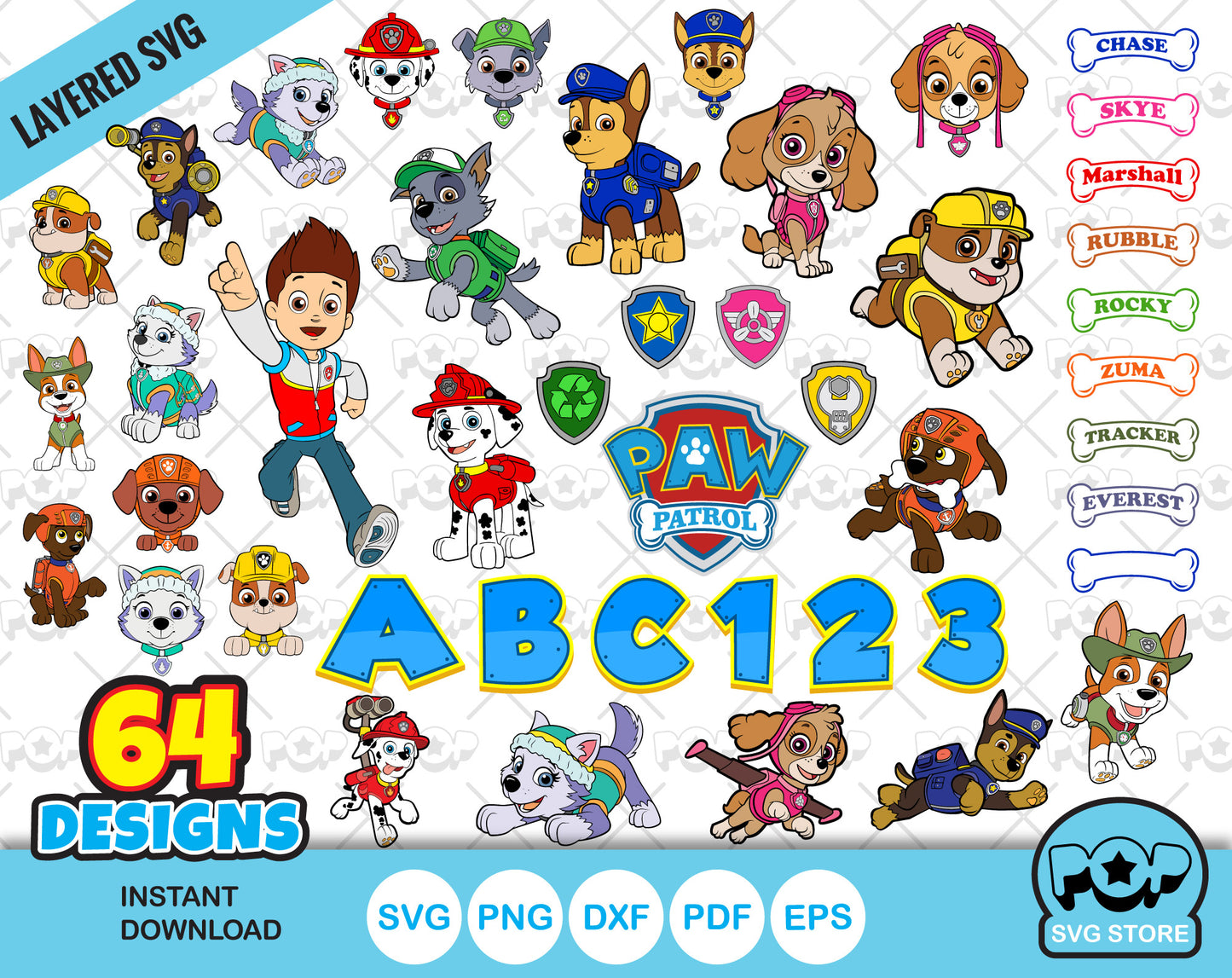 Paw Patrol 64 cliparts bundle, SVG cut files for Cricut Silhouette, SVG, PNG, DXF, instant download