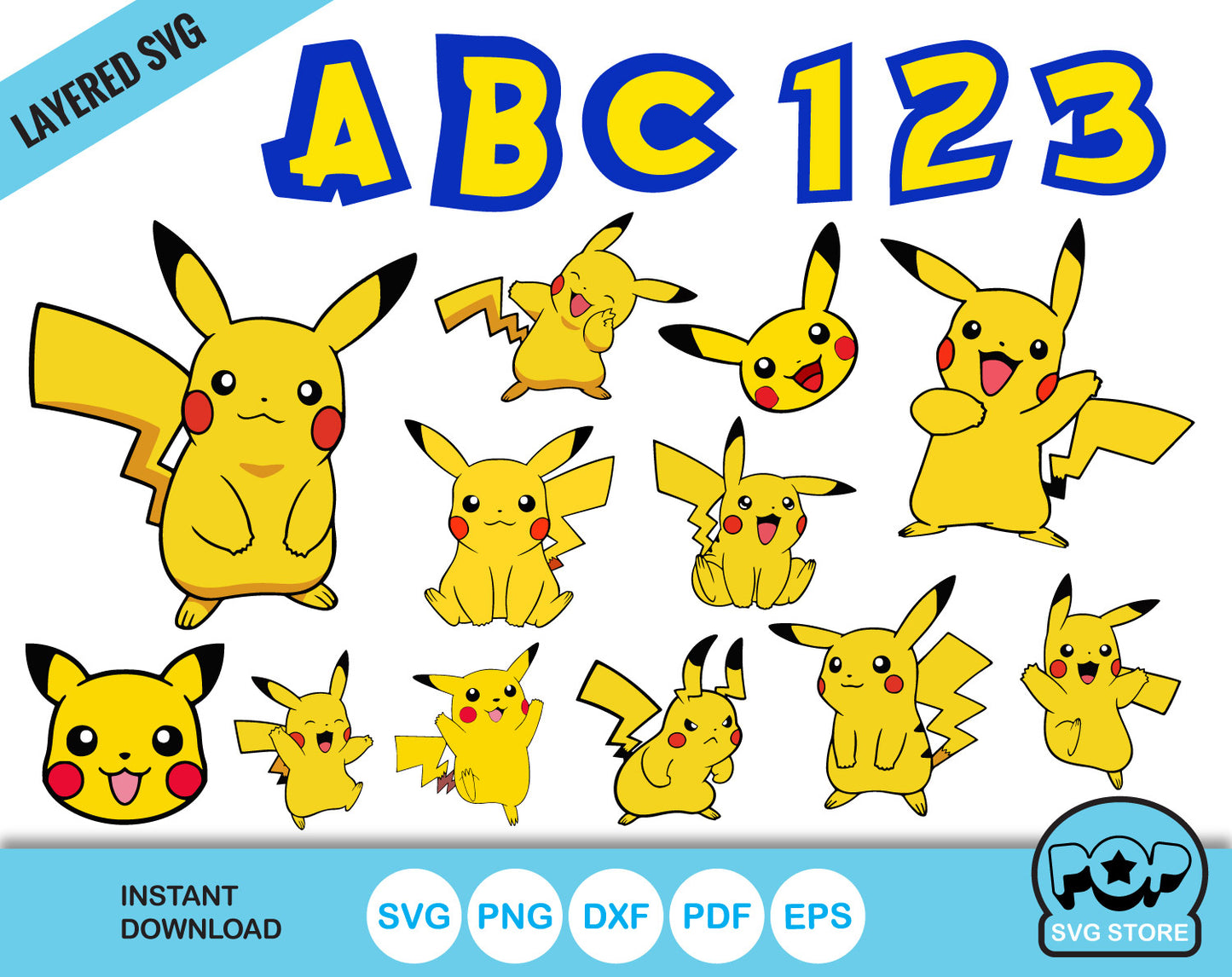 Pikachu clipart bundle + Alphabet, Pokemon SVG cut files for cricut silhouette, SVG, PNG, DXF, instant download