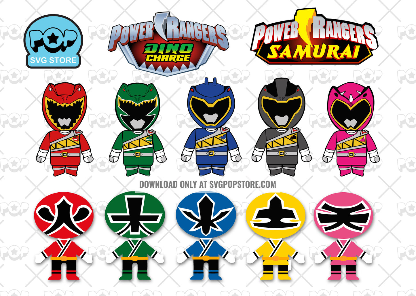 Chibi Power Rangers clipart - Samurai + Dino Charge Set, SVG cut files for Cricut / Silhouette, PNG N1