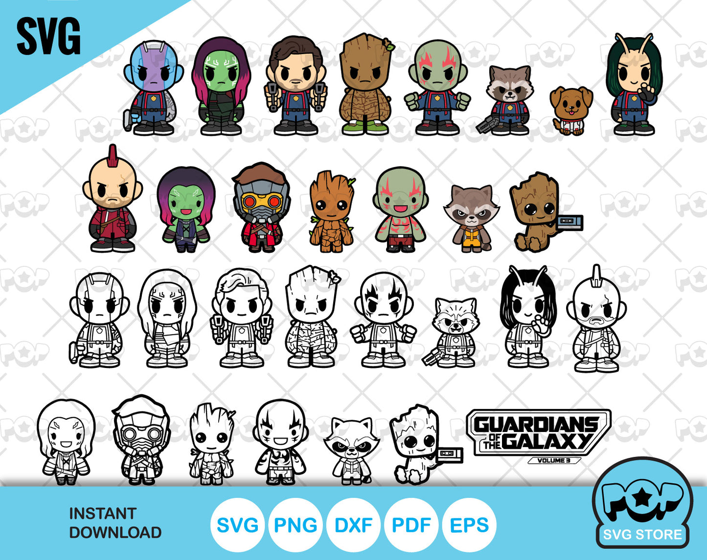 Chibi Guardians of the Galaxy clipart set, Superheroes svg cut files for Cricut / Silhouette, Guardians of the Galaxy volume 3 png