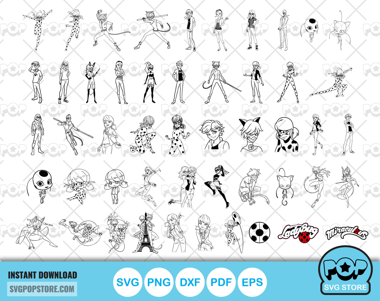 Miraculous Ladybug 100 cliparts bundle, Miraculous SVG cut files for Cricut / Silhouette, Ladybug PNG