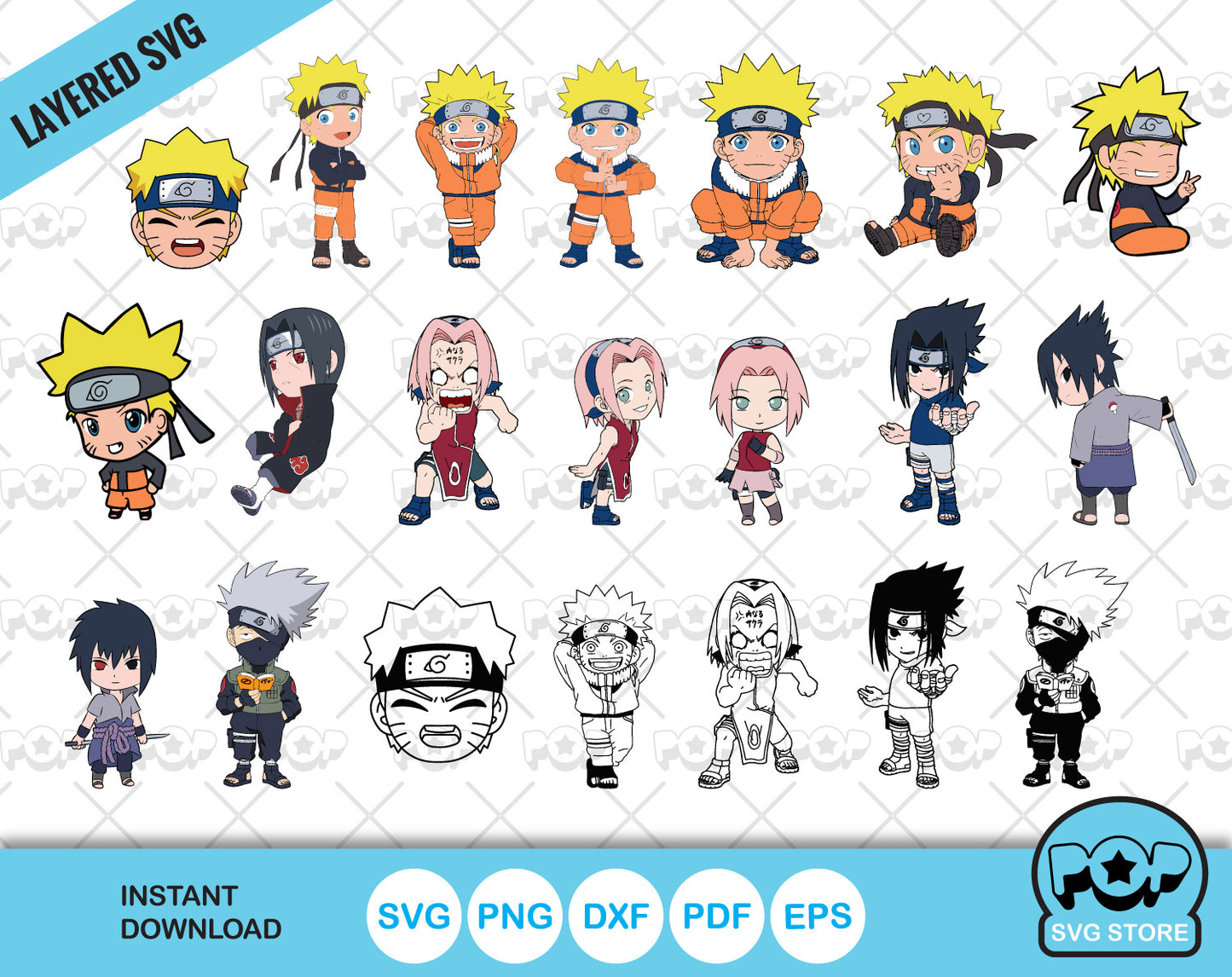 Chibi Naruto Clipart Set, Naruto SVG cut files for Cricut / Silhouette, SVG, PNG, DXF, instant download