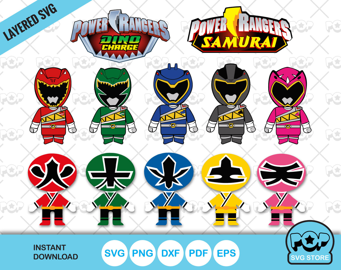 Chibi Power Rangers clipart - Samurai + Dino Charge Set, SVG cut files for Cricut / Silhouette, PNG, DXF, instant download