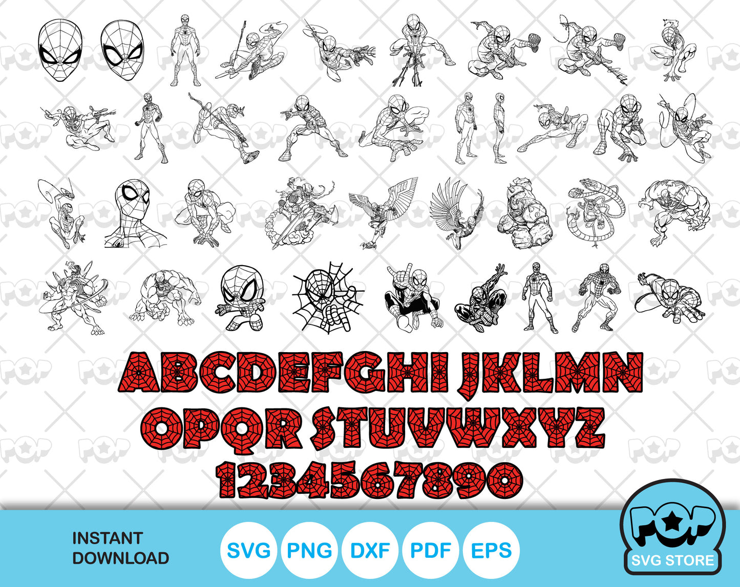 Spider-Man 100 cliparts bundle + alphabet, Spiderman SVG cut files for Cricut / Silhouette, Superhero Spider-man PNG