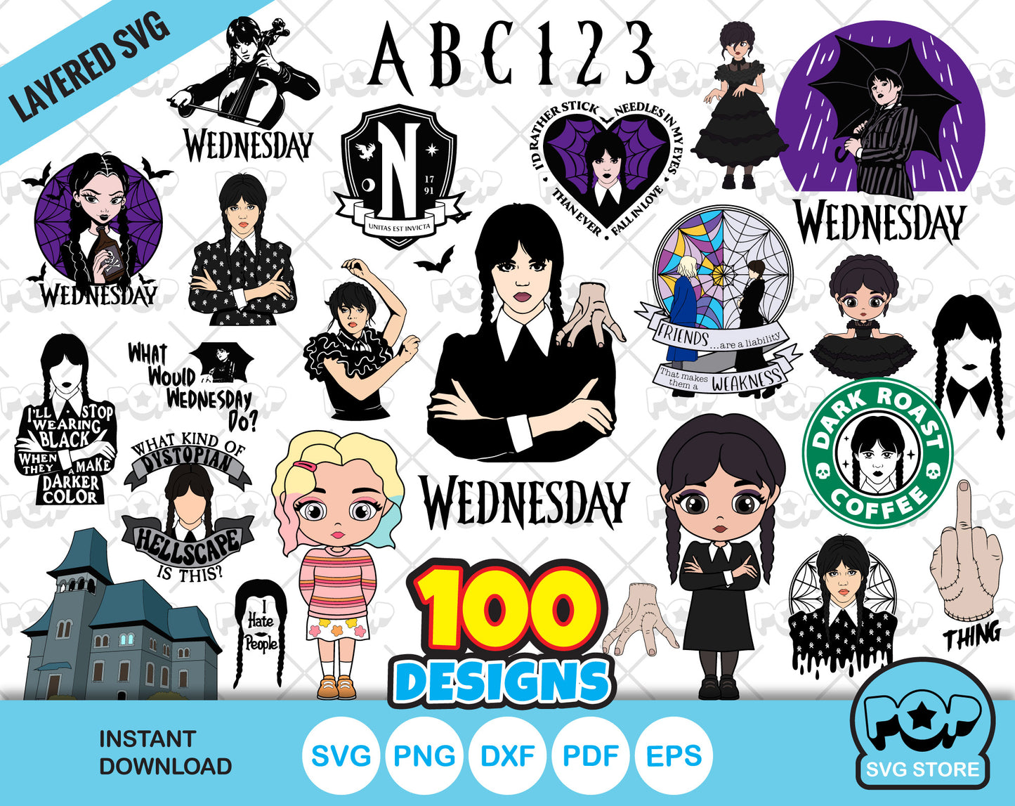 Wednesday Addams 100 cliparts set + alphabet, Wednesday svg cut files for Cricut / Silhouette, Wednesday png, dxf