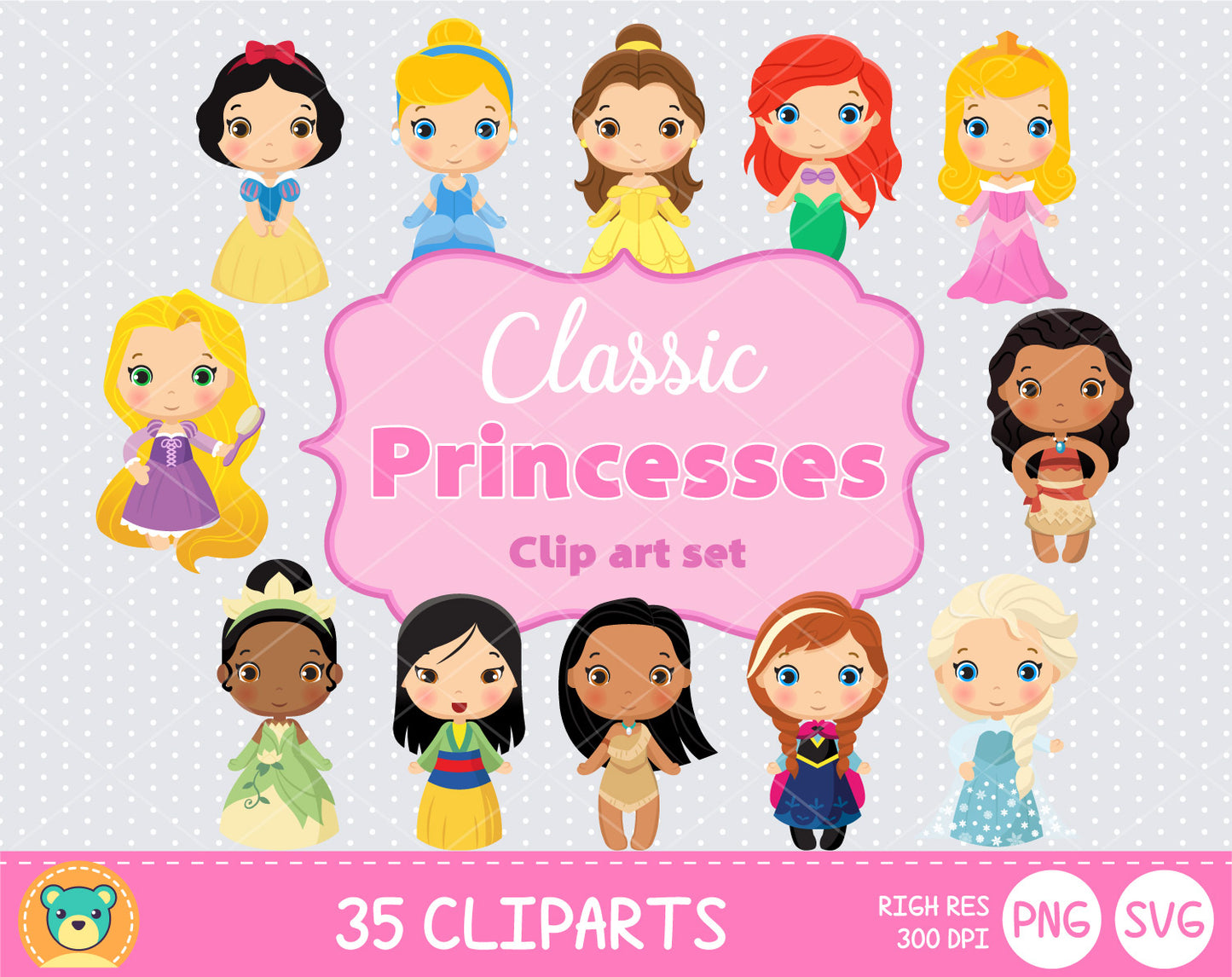 Cute Princess clipart set, Disney Princess clip art for decoration, scrapbooking, instant download