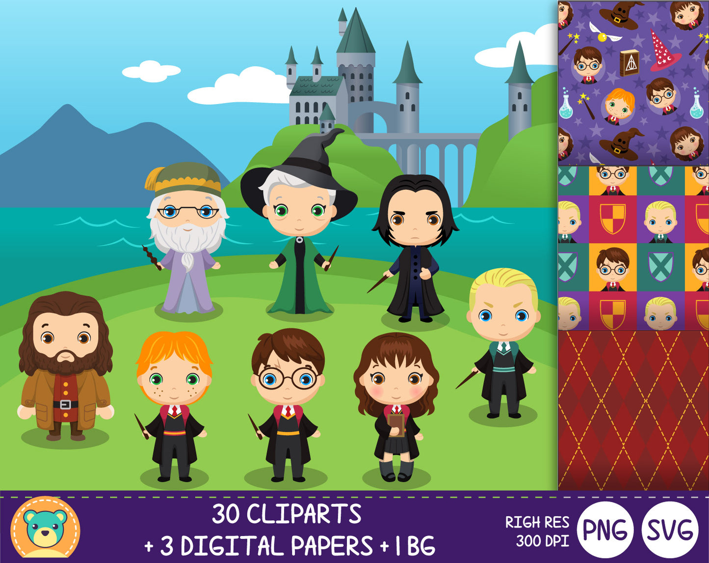 Cute Harry Potter clipart set, Digital clip art for decoration, scrapbooking, PNG, SVG, instant download