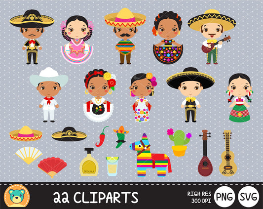 Cute Mexicans clipart set, Digital clip art for decoration, scrapbooking, PNG, SVG, instant download