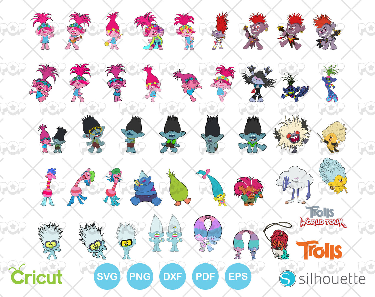 Trolls 45 cliparts bundle, Trolls SVG cut files for Cricut Silhouette, SVG PNG DXF, instant download