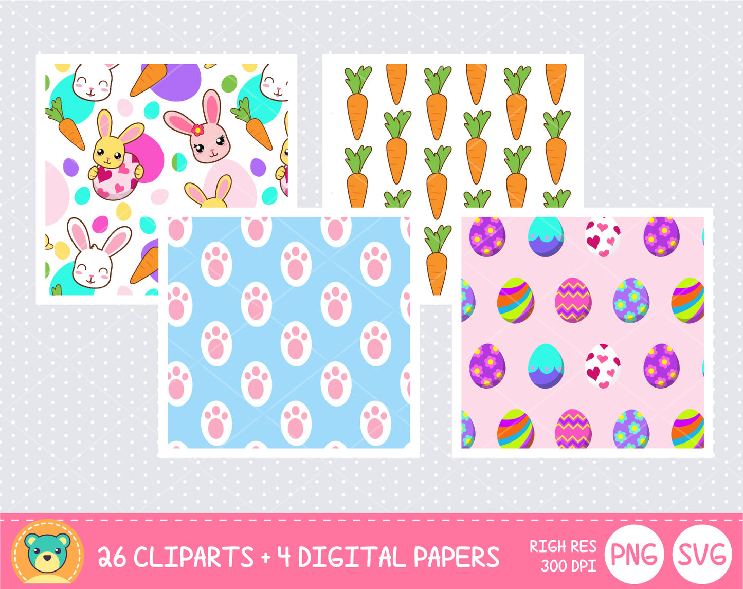 Cute Easter Bunny clipart set, Digital clip art for decoration, scrapbooking, PNG, SVG, instant download