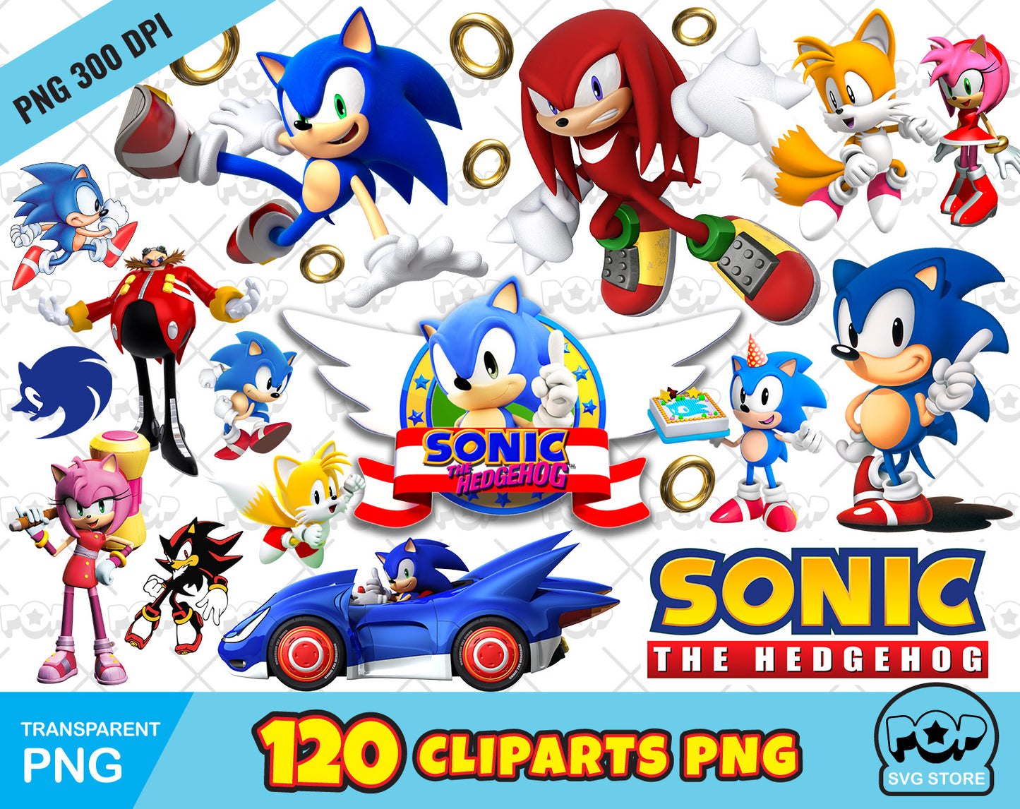 Sonic 120 cliparts bundle, transparent PNG, designs for decoration / sublimation, instant download