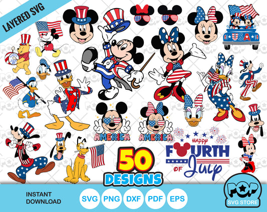 Mickey and Friends 4th of July 50 cliparts bundle, Disney Fourth Of July svg for Cricut / Silhouette, Independence Day png