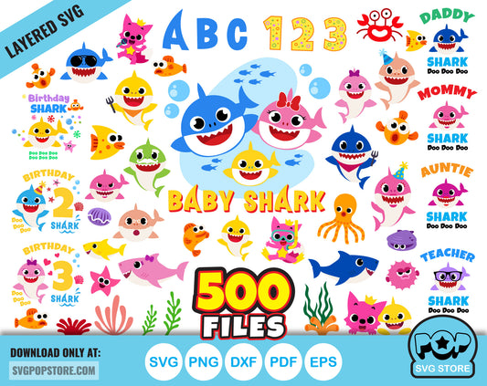Baby Shark BIG BUNDLE 500 files + alphabet, Baby Shark svg cut files for Cricut / Silhouette, Cartoon Family Shark png