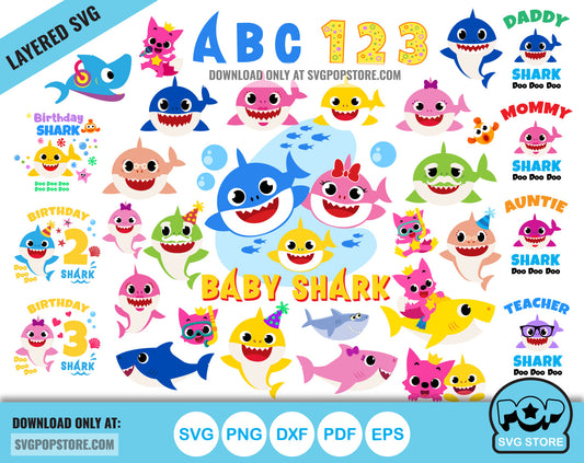 Baby Shark clipart bundle + alphabet, Baby Shark svg cut files for Cricut / Silhouette, Cartoon Family Shark png