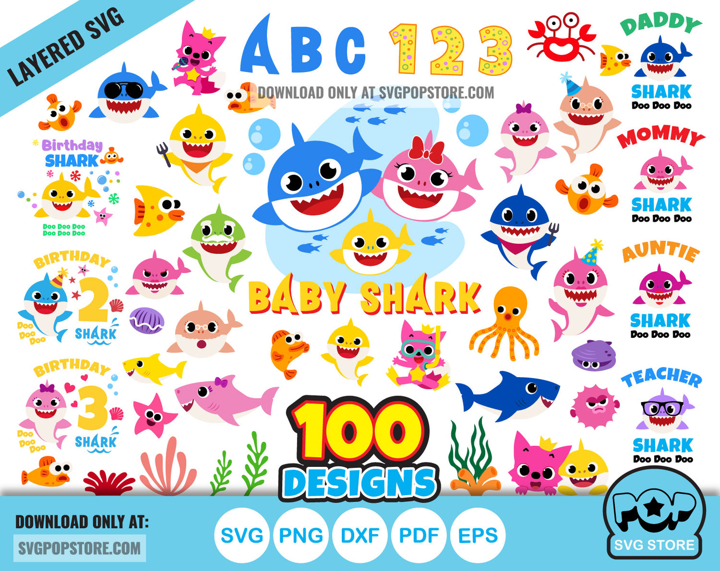Baby Shark 100 cliparts bundle + alphabet, Baby Shark svg cut files for Cricut / Silhouette, Cartoon Family Shark png N1
