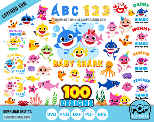 Baby Shark 100 cliparts bundle + alphabet, Baby Shark svg cut files for Cricut / Silhouette, Cartoon Family Shark png N1