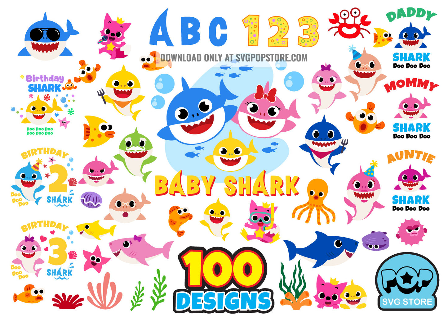 Baby Shark 100 cliparts bundle + alphabet, Baby Shark svg cut files for Cricut / Silhouette, Cartoon Family Shark png N1