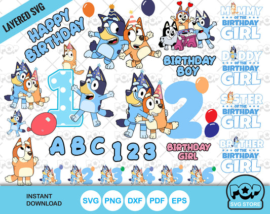 Bluey Birthday clipart set + alphabet, Bluey SVG cut files for Cricut / Silhouette, PNG DXF, instant download