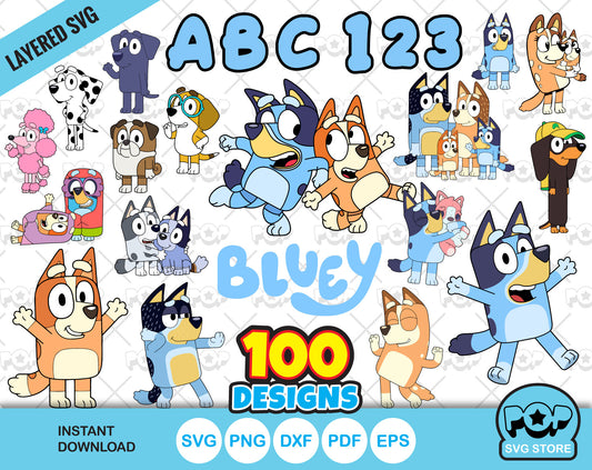 Bluey 100 cliparts set + alphabet, Bluey the dog SVG cut files for Cricut / Silhouette, PNG DXF, instant download