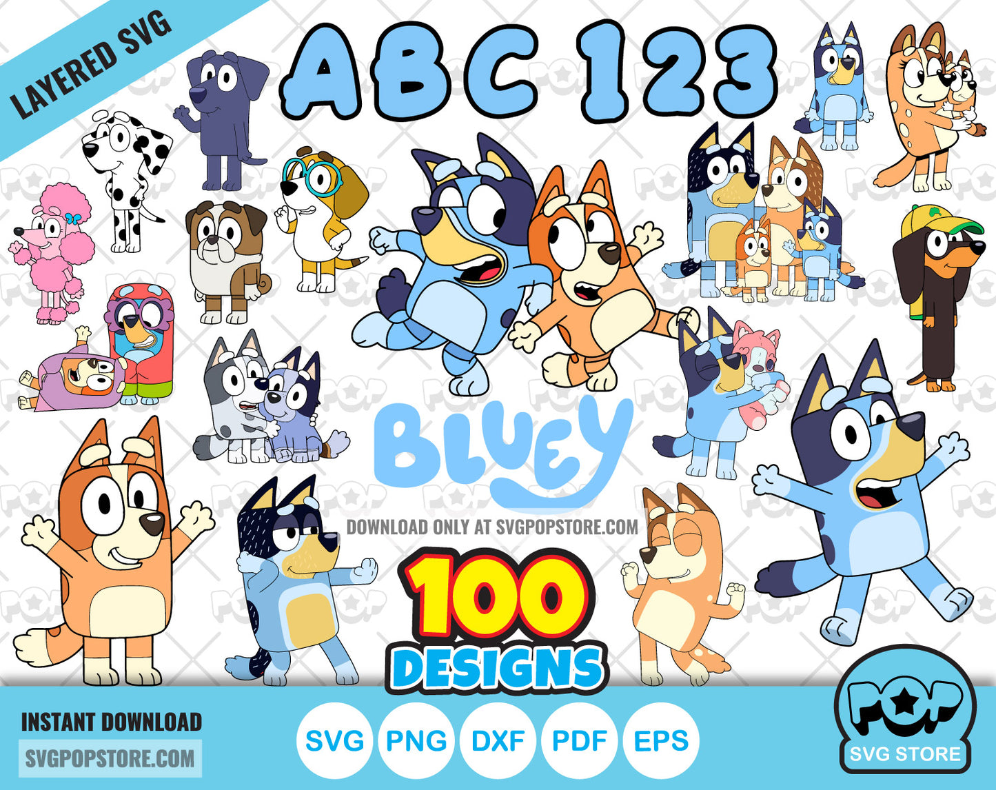 Bluey 100 cliparts set + alphabet, Bluey the dog SVG cut files for Cricut / Silhouette, Bluey PNG N1