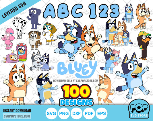Bluey 100 cliparts set + alphabet, Bluey the dog SVG cut files for Cricut / Silhouette, Bluey PNG N1