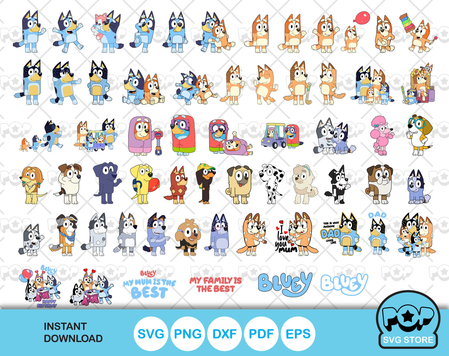Bluey 100 cliparts set + alphabet, Bluey the dog SVG cut files for Cricut / Silhouette, PNG DXF, instant download