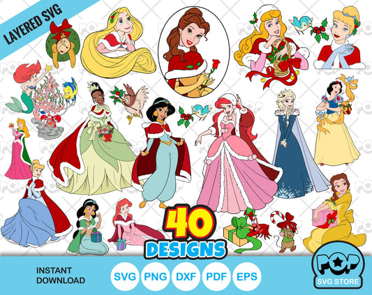 Disney Princess Christmas Clipart bundle, Princesses Christmas SVG cut files for Cricut / Silhouette, PNG, DXF, instant download