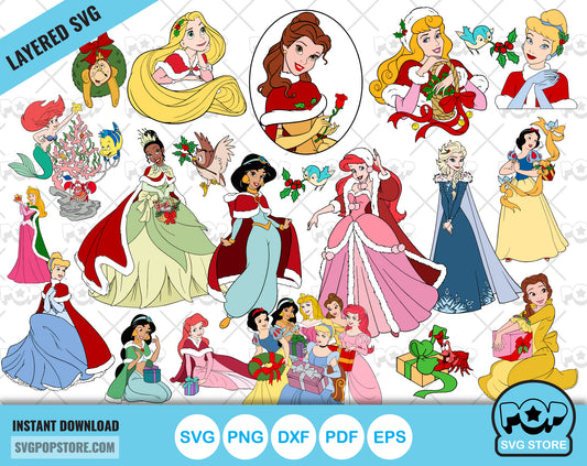 Disney Princess Christmas Clipart bundle, Princesses Christmas SVG cut files for Cricut / Silhouette, Christmas PNG