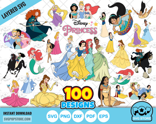 Classic Princesses 100 cliparts bundle, Disney Princess svg cut files for Cricut / Silhouette, Princess png