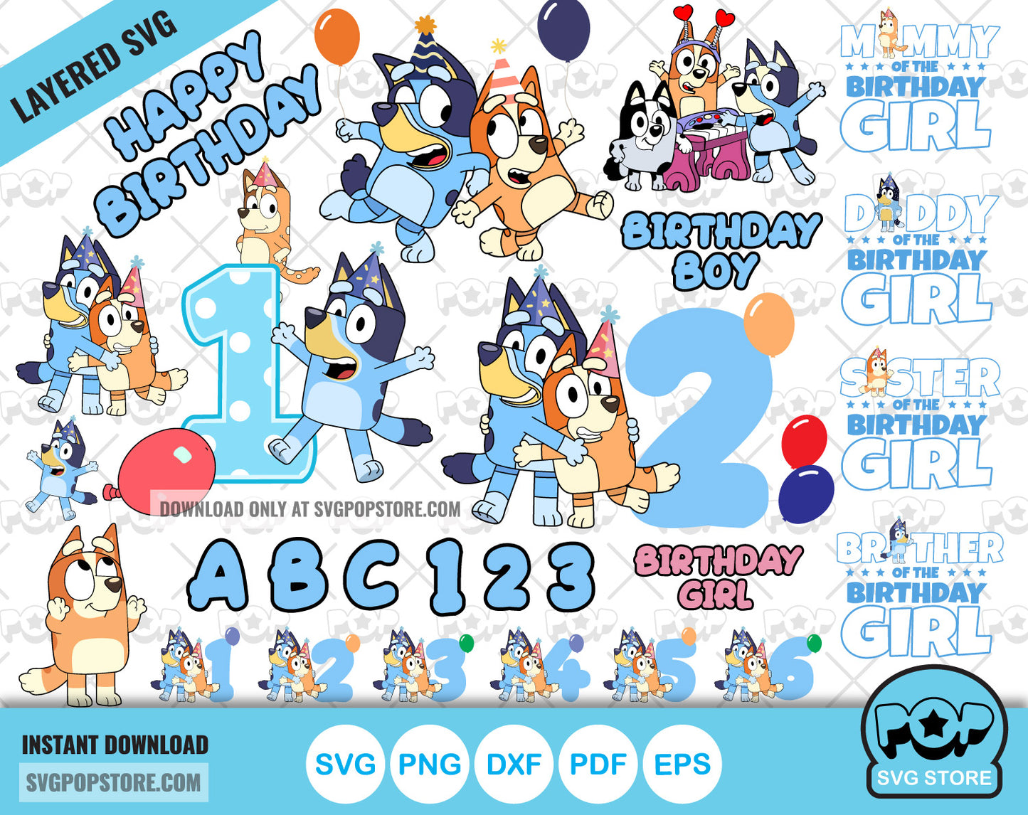 Bluey Birthday clipart set + alphabet, Bluey SVG cut files for Cricut / Silhouette, PNG  N1