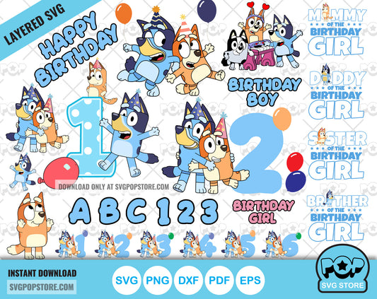 Bluey Birthday clipart set + alphabet, Bluey SVG cut files for Cricut / Silhouette, PNG N1