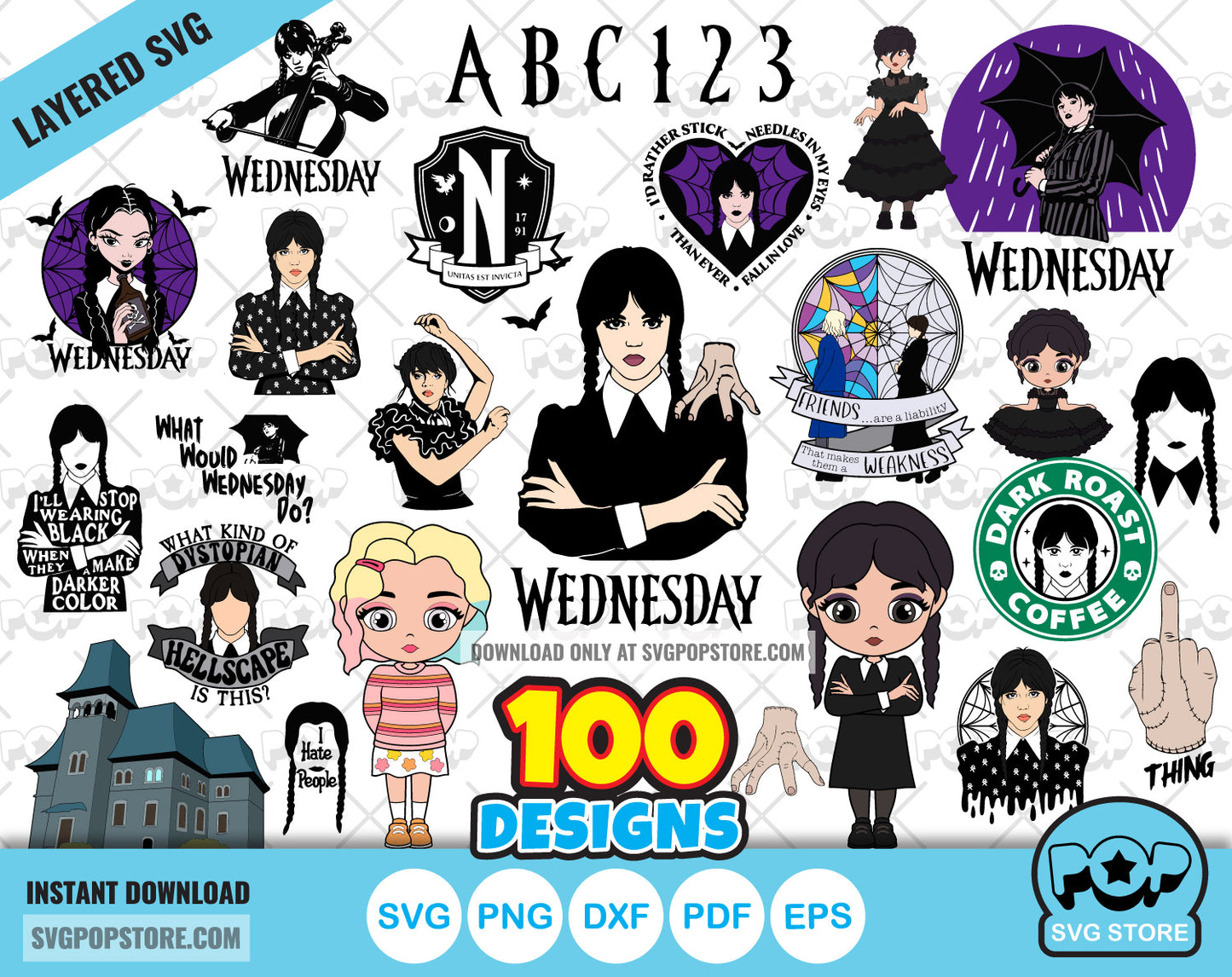 Wednesday Addams 100 cliparts set + alphabet, Wednesday svg cut files for Cricut / Silhouette, Wednesday PNG  N1