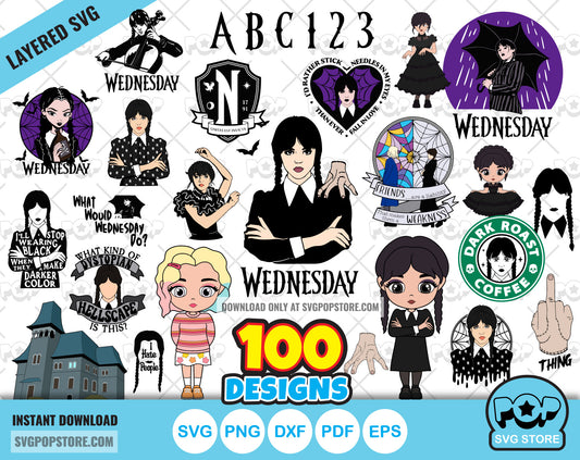 Wednesday Addams 100 cliparts set + alphabet, Wednesday svg cut files for Cricut / Silhouette, Wednesday PNG  N1