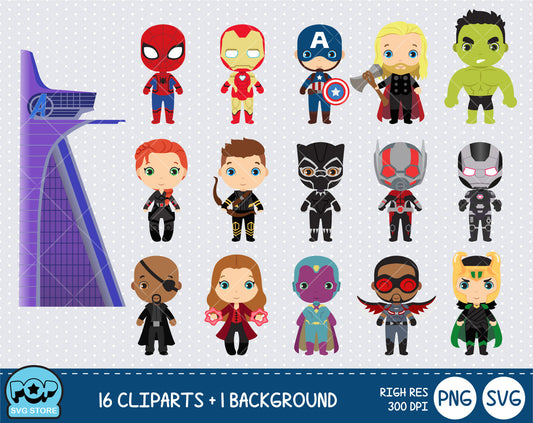 Cute Avengers clipart set, Superheroes clip art for decoration, scrapbooking, PNG, SVG, instant download