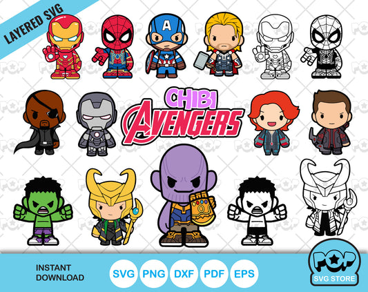 Chibi Avengers clipart set, Marvel SVG cut files for Cricut / Silhouette, PNG, DXF, instant download
