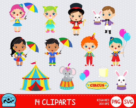 Cute Circus clipart set, Digital clip art for decoration, scrapbooking, PNG, SVG, instant download