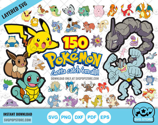 Pokemon 150 cliparts bundle, SVG cut files for Cricut / Silhouette, PNG, DXF, instant download