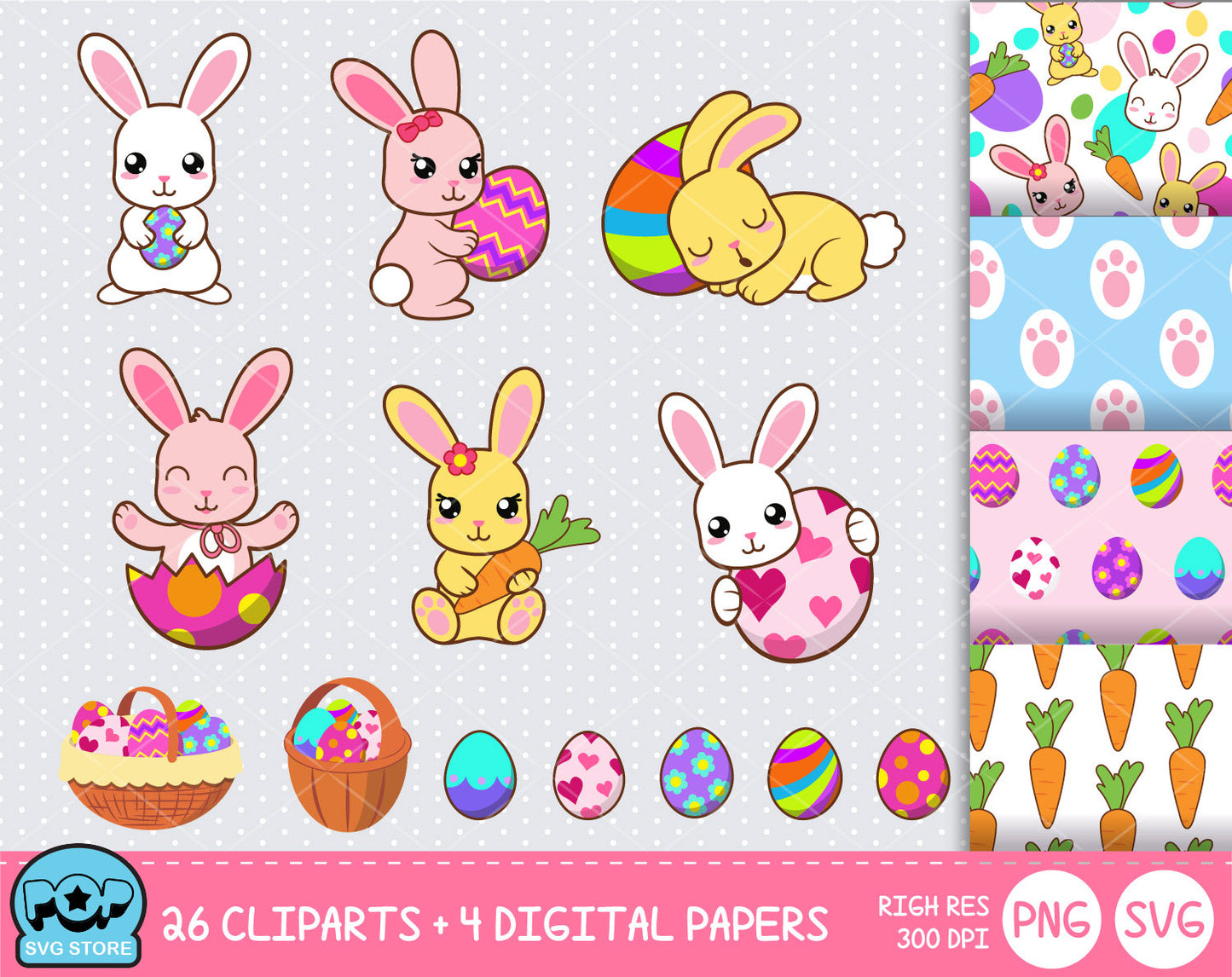 Cute Easter Bunny clipart set, Digital clip art for decoration, scrapbooking, PNG, SVG, instant download