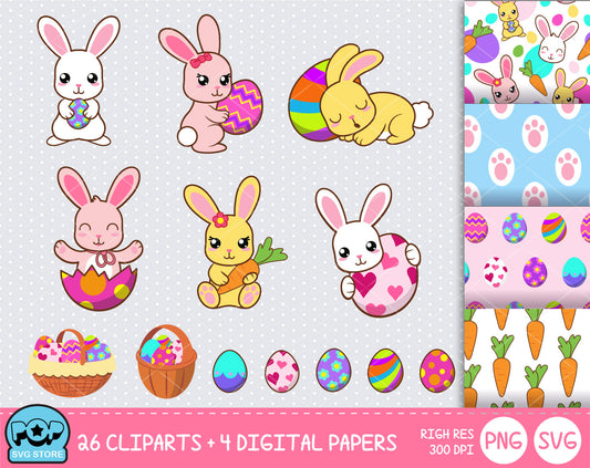 Cute Easter Bunny clipart set, Digital clip art for decoration, scrapbooking, PNG, SVG, instant download