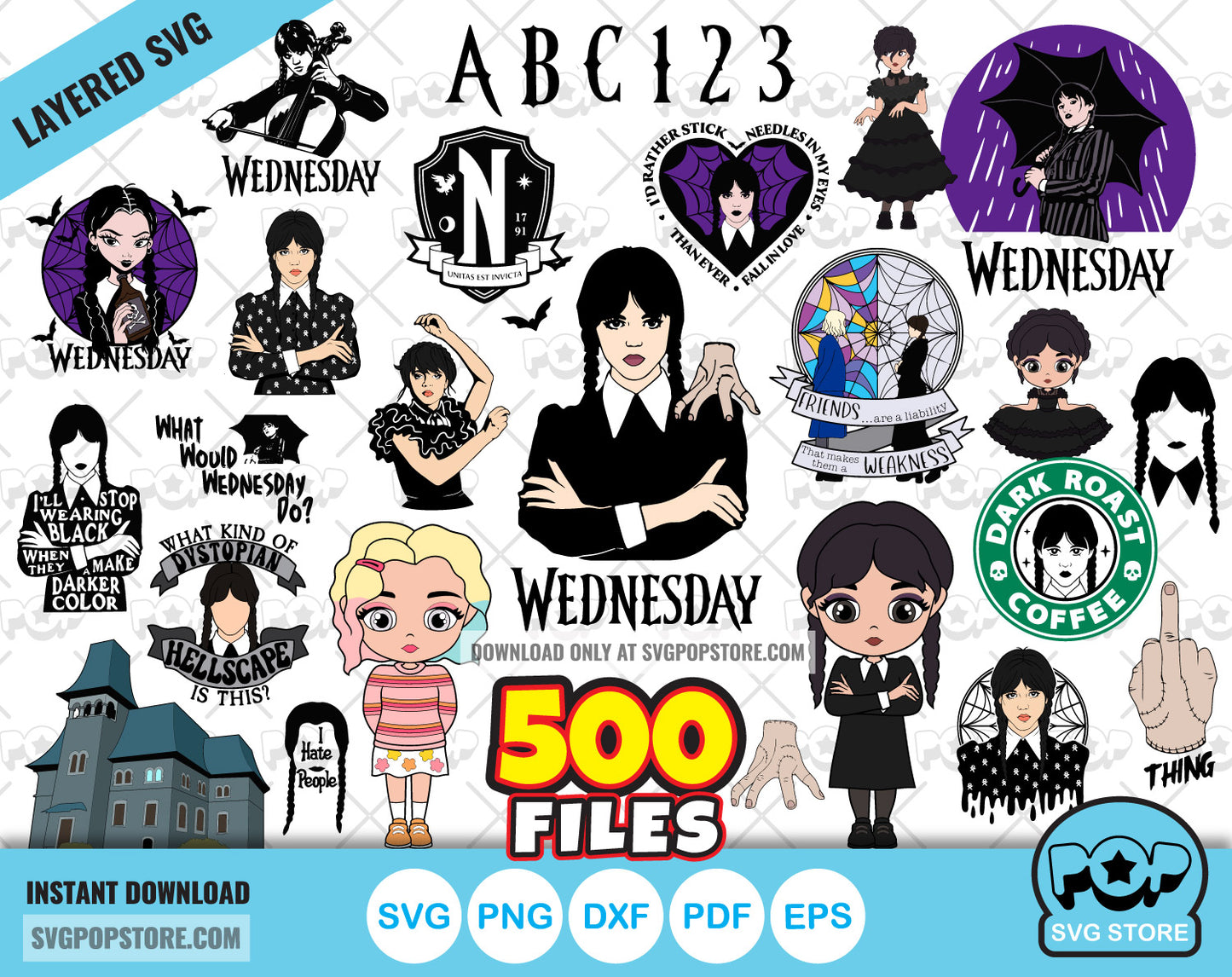 Wednesday Addams Big Bundle 500 clipart files + alphabet, svg cut files for Cricut / Silhouette, Wednesday PNG files  N1