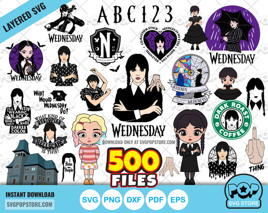 Wednesday Addams Big Bundle 500 clipart files + alphabet, svg cut files for Cricut / Silhouette, Wednesday PNG files N1