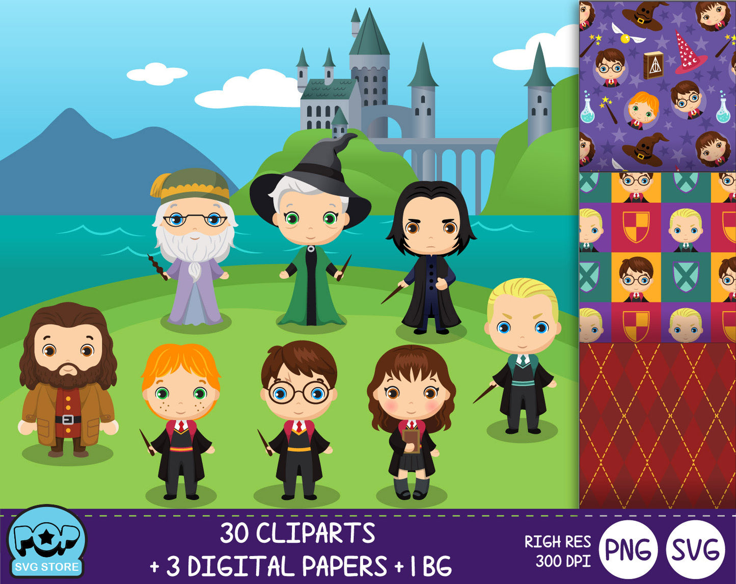 Cute Harry Potter clipart set, Digital clip art for decoration, scrapbooking, PNG, SVG, instant download