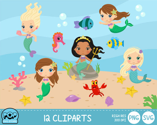 Cute Mermaids clipart set, Digital clip art for decoration, scrapbooking, PNG, SVG, instant download
